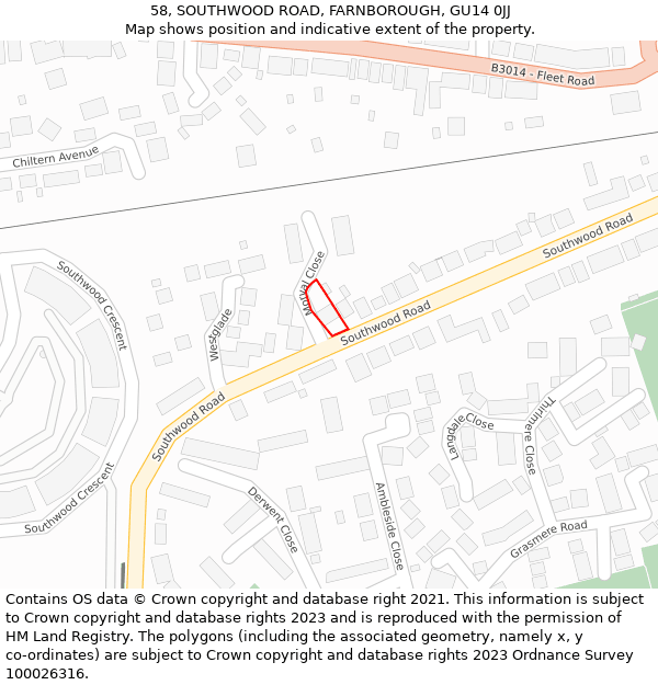 58, SOUTHWOOD ROAD, FARNBOROUGH, GU14 0JJ: Location map and indicative extent of plot