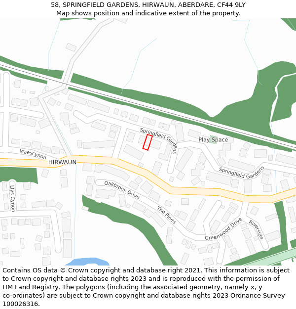 58, SPRINGFIELD GARDENS, HIRWAUN, ABERDARE, CF44 9LY: Location map and indicative extent of plot