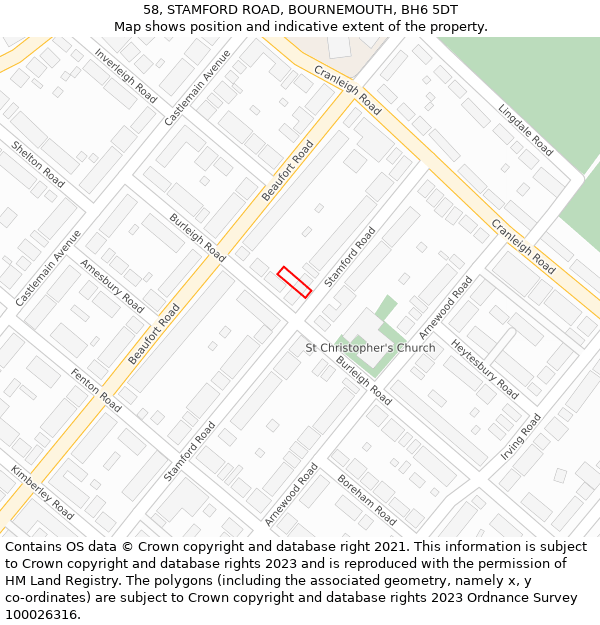 58, STAMFORD ROAD, BOURNEMOUTH, BH6 5DT: Location map and indicative extent of plot