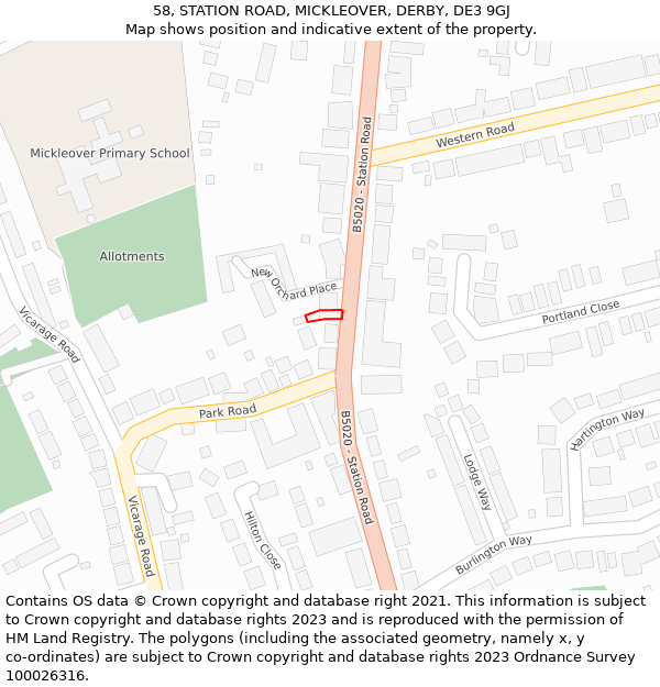 58, STATION ROAD, MICKLEOVER, DERBY, DE3 9GJ: Location map and indicative extent of plot