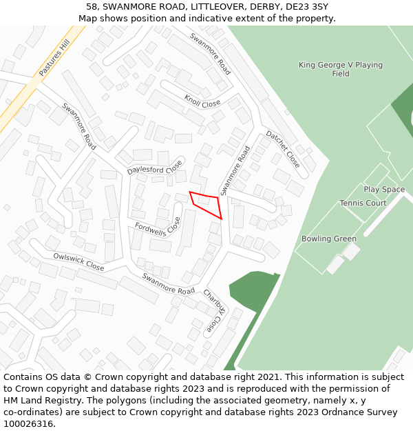 58, SWANMORE ROAD, LITTLEOVER, DERBY, DE23 3SY: Location map and indicative extent of plot