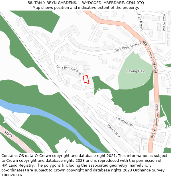 58, TAN Y BRYN GARDENS, LLWYDCOED, ABERDARE, CF44 0TQ: Location map and indicative extent of plot