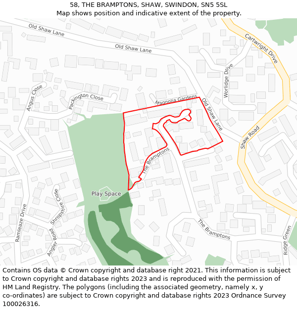 58, THE BRAMPTONS, SHAW, SWINDON, SN5 5SL: Location map and indicative extent of plot