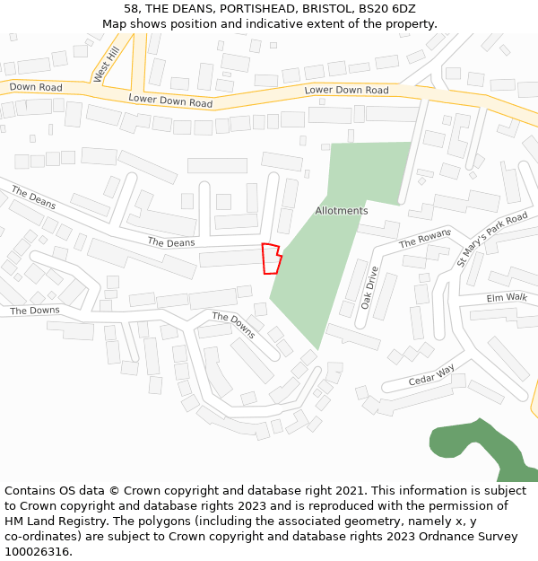 58, THE DEANS, PORTISHEAD, BRISTOL, BS20 6DZ: Location map and indicative extent of plot
