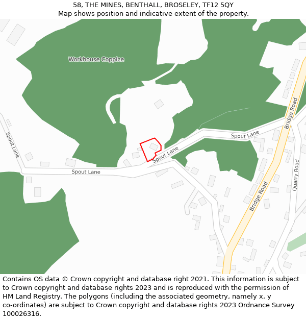 58, THE MINES, BENTHALL, BROSELEY, TF12 5QY: Location map and indicative extent of plot