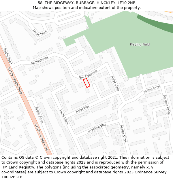 58, THE RIDGEWAY, BURBAGE, HINCKLEY, LE10 2NR: Location map and indicative extent of plot