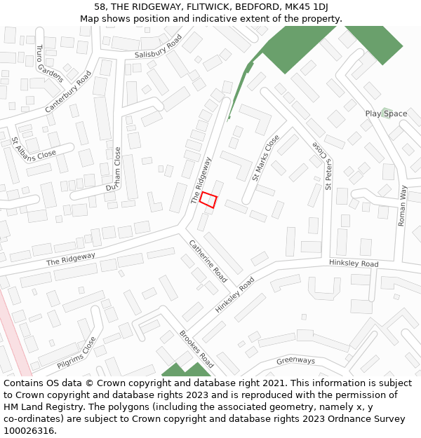 58, THE RIDGEWAY, FLITWICK, BEDFORD, MK45 1DJ: Location map and indicative extent of plot