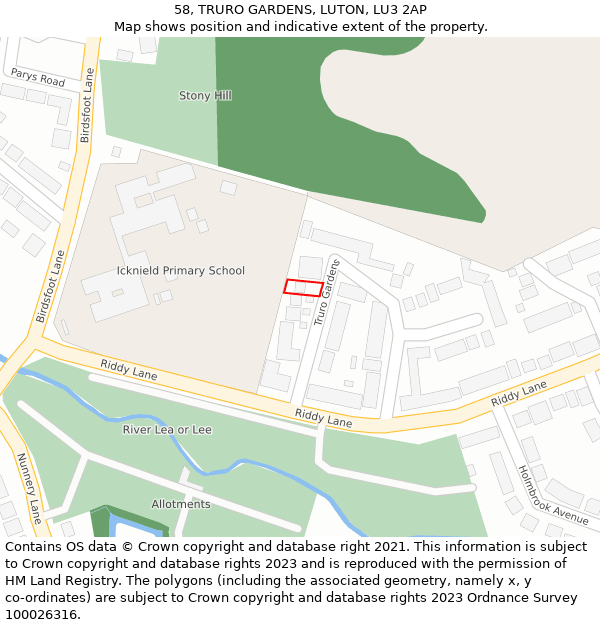 58, TRURO GARDENS, LUTON, LU3 2AP: Location map and indicative extent of plot