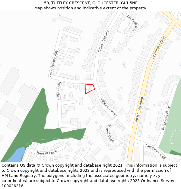 58, TUFFLEY CRESCENT, GLOUCESTER, GL1 5NE: Location map and indicative extent of plot