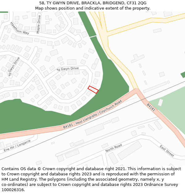 58, TY GWYN DRIVE, BRACKLA, BRIDGEND, CF31 2QG: Location map and indicative extent of plot