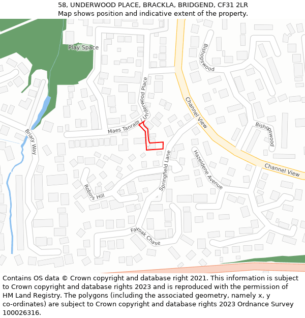58, UNDERWOOD PLACE, BRACKLA, BRIDGEND, CF31 2LR: Location map and indicative extent of plot