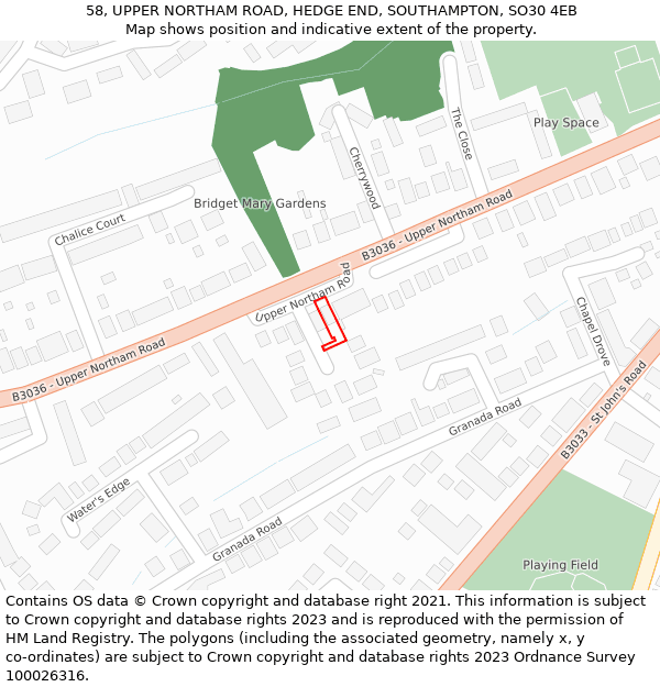 58, UPPER NORTHAM ROAD, HEDGE END, SOUTHAMPTON, SO30 4EB: Location map and indicative extent of plot