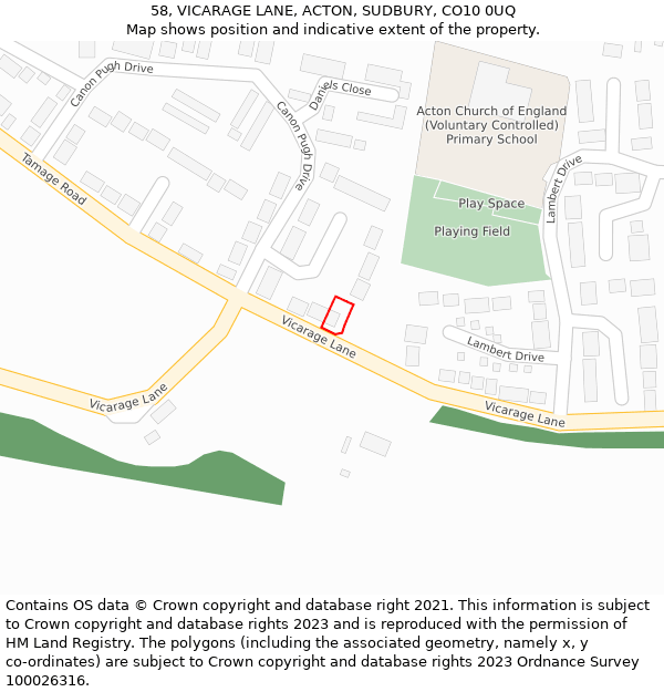 58, VICARAGE LANE, ACTON, SUDBURY, CO10 0UQ: Location map and indicative extent of plot