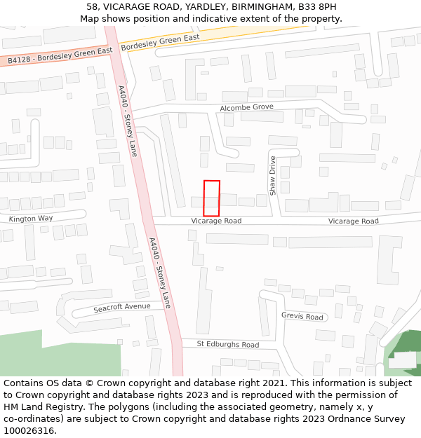 58, VICARAGE ROAD, YARDLEY, BIRMINGHAM, B33 8PH: Location map and indicative extent of plot