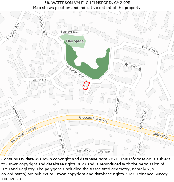 58, WATERSON VALE, CHELMSFORD, CM2 9PB: Location map and indicative extent of plot