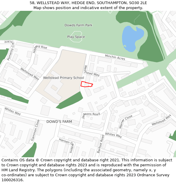 58, WELLSTEAD WAY, HEDGE END, SOUTHAMPTON, SO30 2LE: Location map and indicative extent of plot