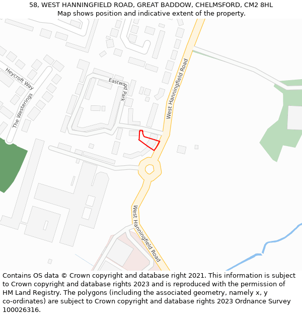 58, WEST HANNINGFIELD ROAD, GREAT BADDOW, CHELMSFORD, CM2 8HL: Location map and indicative extent of plot