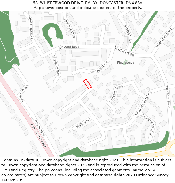 58, WHISPERWOOD DRIVE, BALBY, DONCASTER, DN4 8SA: Location map and indicative extent of plot