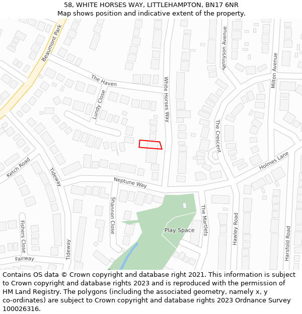 58, WHITE HORSES WAY, LITTLEHAMPTON, BN17 6NR: Location map and indicative extent of plot
