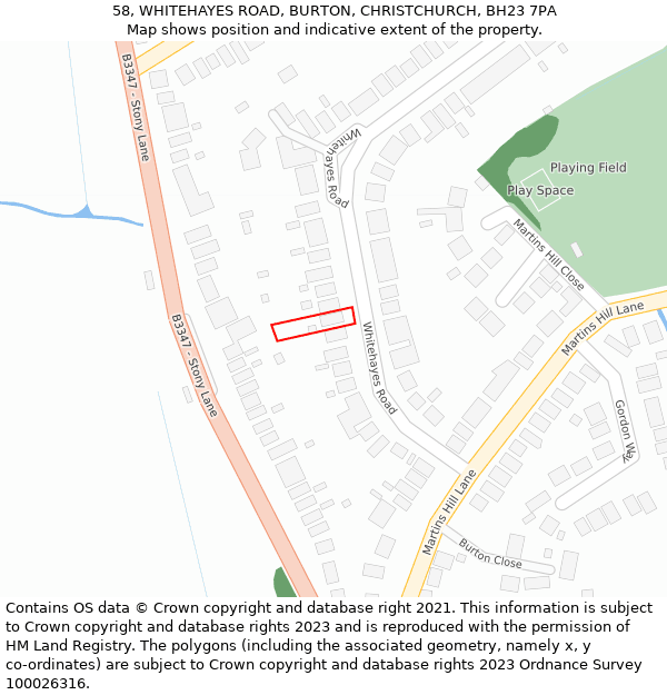 58, WHITEHAYES ROAD, BURTON, CHRISTCHURCH, BH23 7PA: Location map and indicative extent of plot