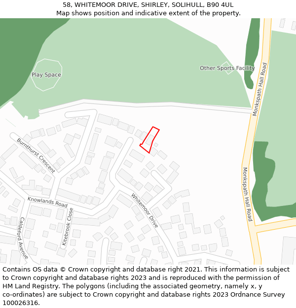 58, WHITEMOOR DRIVE, SHIRLEY, SOLIHULL, B90 4UL: Location map and indicative extent of plot