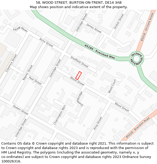 58, WOOD STREET, BURTON-ON-TRENT, DE14 3AB: Location map and indicative extent of plot