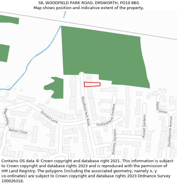 58, WOODFIELD PARK ROAD, EMSWORTH, PO10 8BG: Location map and indicative extent of plot