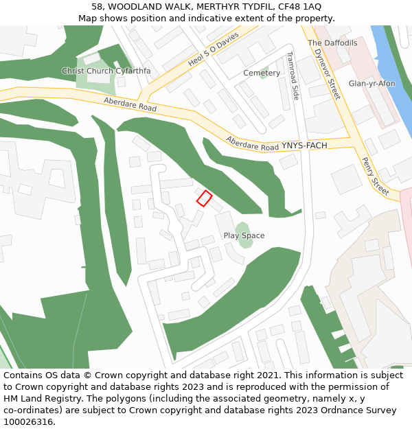 58, WOODLAND WALK, MERTHYR TYDFIL, CF48 1AQ: Location map and indicative extent of plot