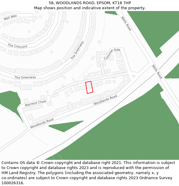 58, WOODLANDS ROAD, EPSOM, KT18 7HP: Location map and indicative extent of plot