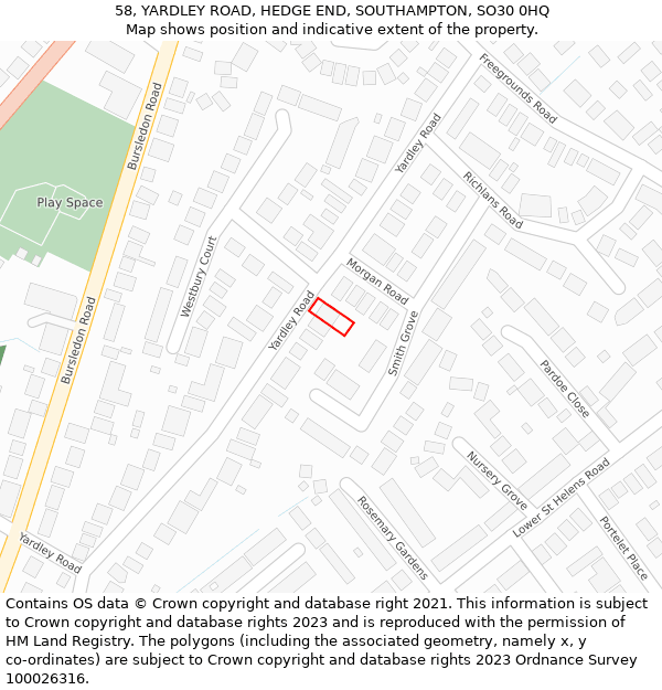 58, YARDLEY ROAD, HEDGE END, SOUTHAMPTON, SO30 0HQ: Location map and indicative extent of plot