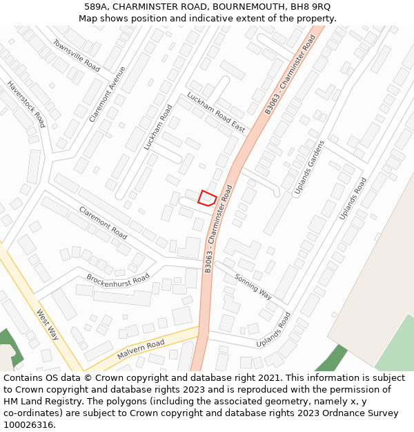 589A, CHARMINSTER ROAD, BOURNEMOUTH, BH8 9RQ: Location map and indicative extent of plot