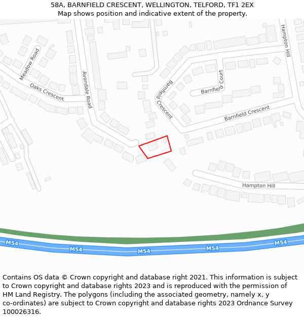 58A, BARNFIELD CRESCENT, WELLINGTON, TELFORD, TF1 2EX: Location map and indicative extent of plot