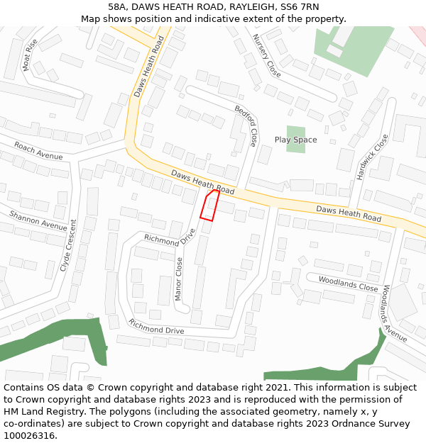 58A, DAWS HEATH ROAD, RAYLEIGH, SS6 7RN: Location map and indicative extent of plot