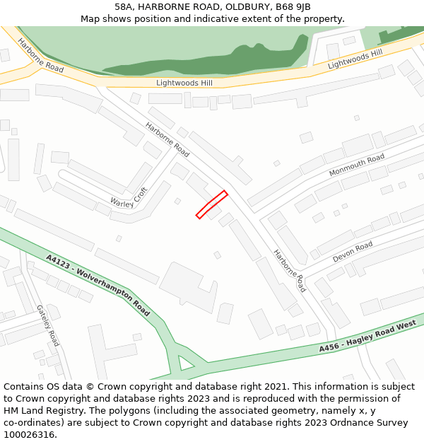 58A, HARBORNE ROAD, OLDBURY, B68 9JB: Location map and indicative extent of plot