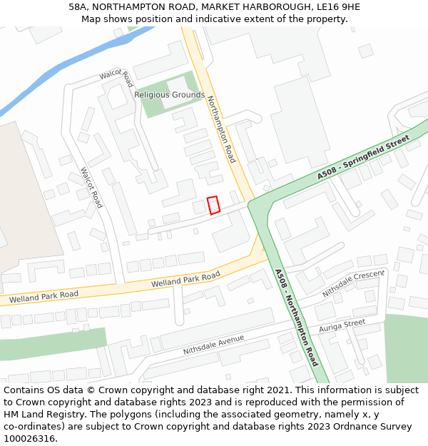 58A, NORTHAMPTON ROAD, MARKET HARBOROUGH, LE16 9HE: Location map and indicative extent of plot