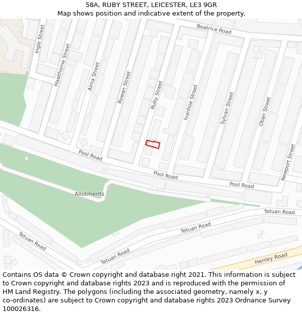 58A, RUBY STREET, LEICESTER, LE3 9GR: Location map and indicative extent of plot