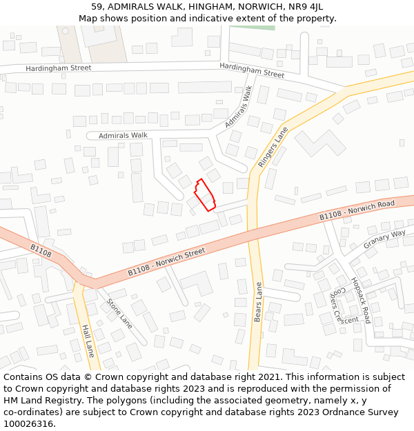 59, ADMIRALS WALK, HINGHAM, NORWICH, NR9 4JL: Location map and indicative extent of plot