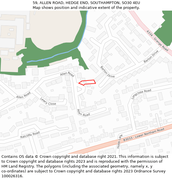 59, ALLEN ROAD, HEDGE END, SOUTHAMPTON, SO30 4EU: Location map and indicative extent of plot