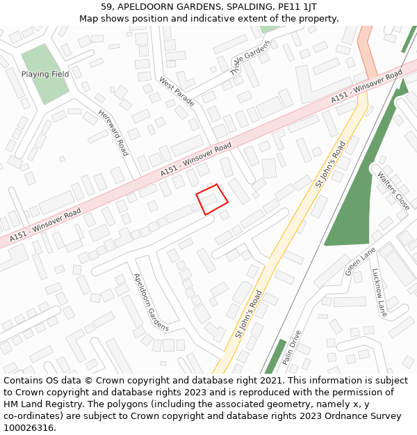 59, APELDOORN GARDENS, SPALDING, PE11 1JT: Location map and indicative extent of plot