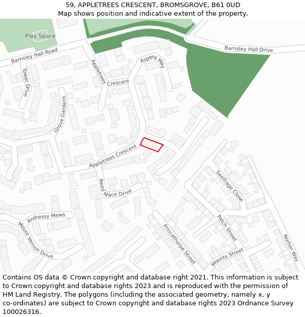 59, APPLETREES CRESCENT, BROMSGROVE, B61 0UD: Location map and indicative extent of plot