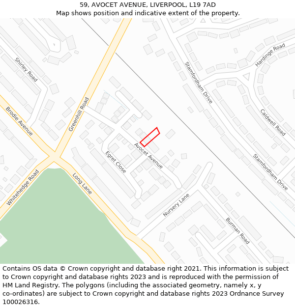 59, AVOCET AVENUE, LIVERPOOL, L19 7AD: Location map and indicative extent of plot