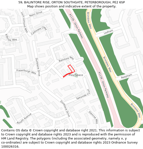 59, BALINTORE RISE, ORTON SOUTHGATE, PETERBOROUGH, PE2 6SP: Location map and indicative extent of plot