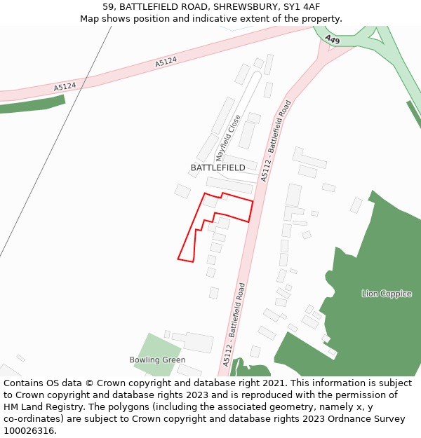 59, BATTLEFIELD ROAD, SHREWSBURY, SY1 4AF: Location map and indicative extent of plot