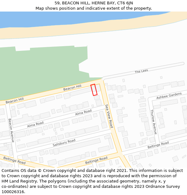 59, BEACON HILL, HERNE BAY, CT6 6JN: Location map and indicative extent of plot