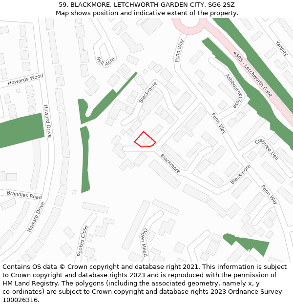 59, BLACKMORE, LETCHWORTH GARDEN CITY, SG6 2SZ: Location map and indicative extent of plot