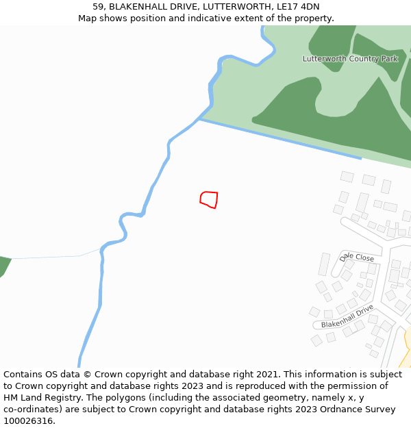 59, BLAKENHALL DRIVE, LUTTERWORTH, LE17 4DN: Location map and indicative extent of plot
