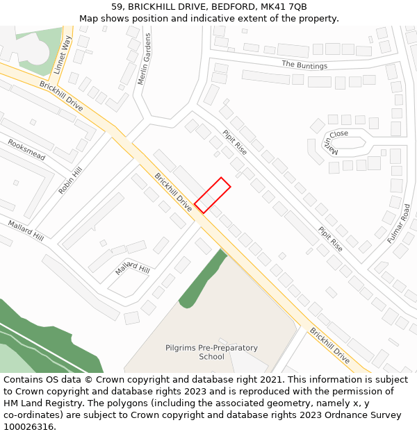 59, BRICKHILL DRIVE, BEDFORD, MK41 7QB: Location map and indicative extent of plot