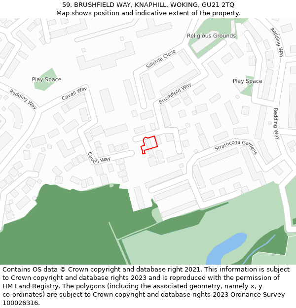 59, BRUSHFIELD WAY, KNAPHILL, WOKING, GU21 2TQ: Location map and indicative extent of plot