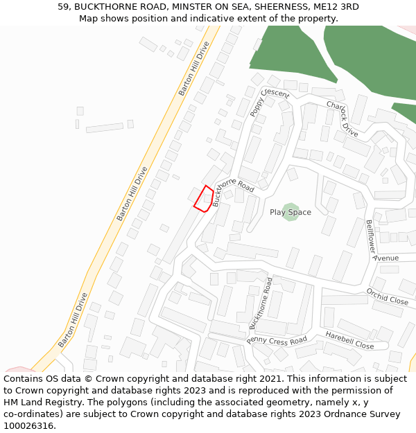 59, BUCKTHORNE ROAD, MINSTER ON SEA, SHEERNESS, ME12 3RD: Location map and indicative extent of plot