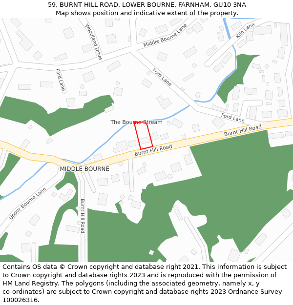 59, BURNT HILL ROAD, LOWER BOURNE, FARNHAM, GU10 3NA: Location map and indicative extent of plot